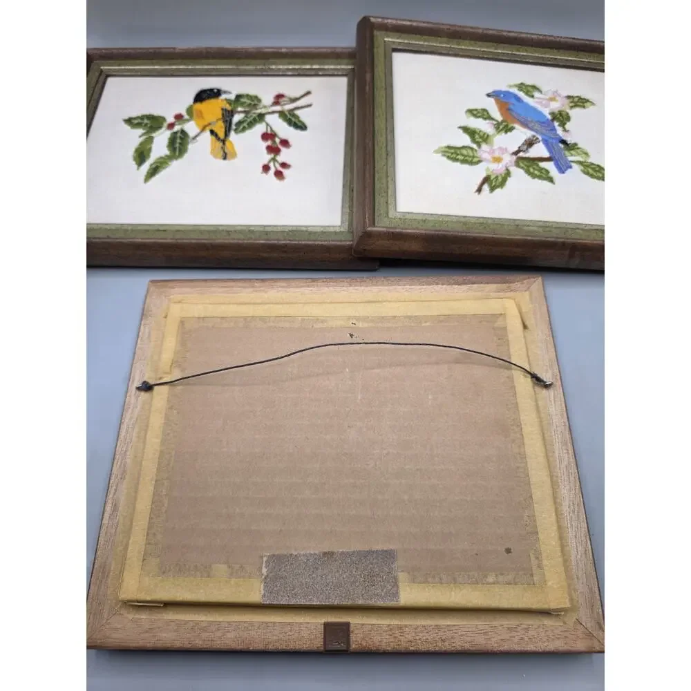 Vintage Framed Crewel Embroidery Bird Pictures Set of 3 Robin Oriole Bluebird...